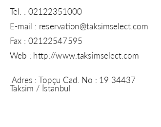 Hotel Taksim Select iletiim bilgileri